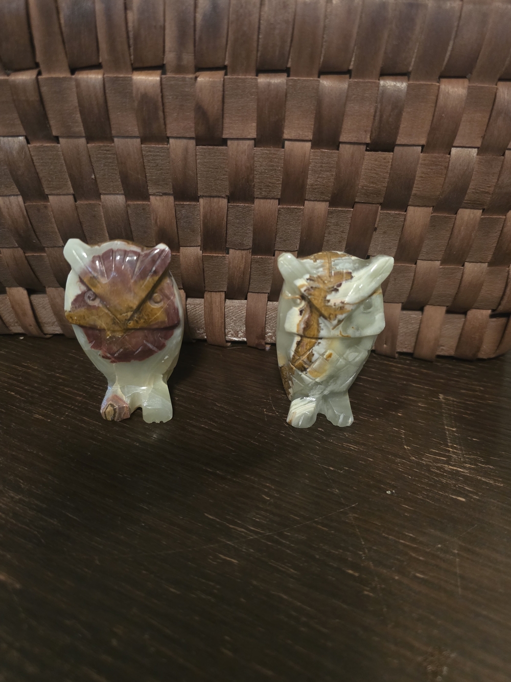 2 Carved Stone Owl Figurines - Multicolor Pair